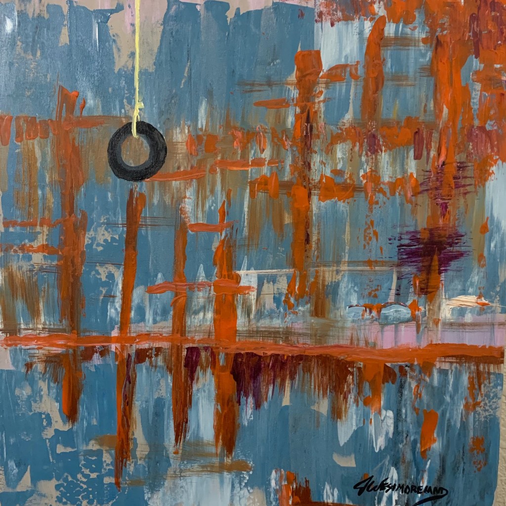 Abstract blue and orange painting with black ring by Jeannette Westmoreland