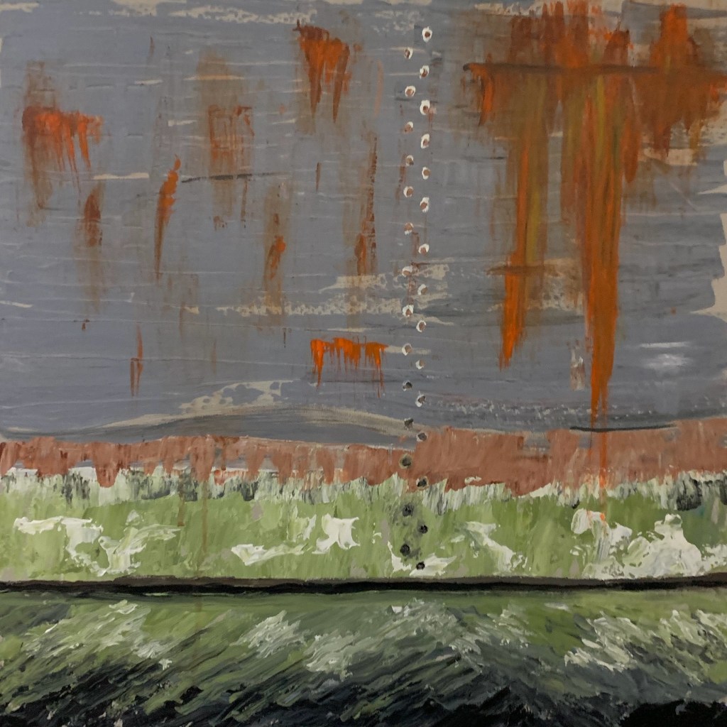 Rusty Hull, abstract gray, orange and green painting by Jeannette Westmoreland