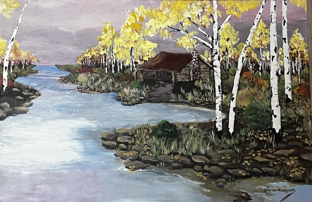Aspen cabin by the river painting by Jeannette Westmoreland