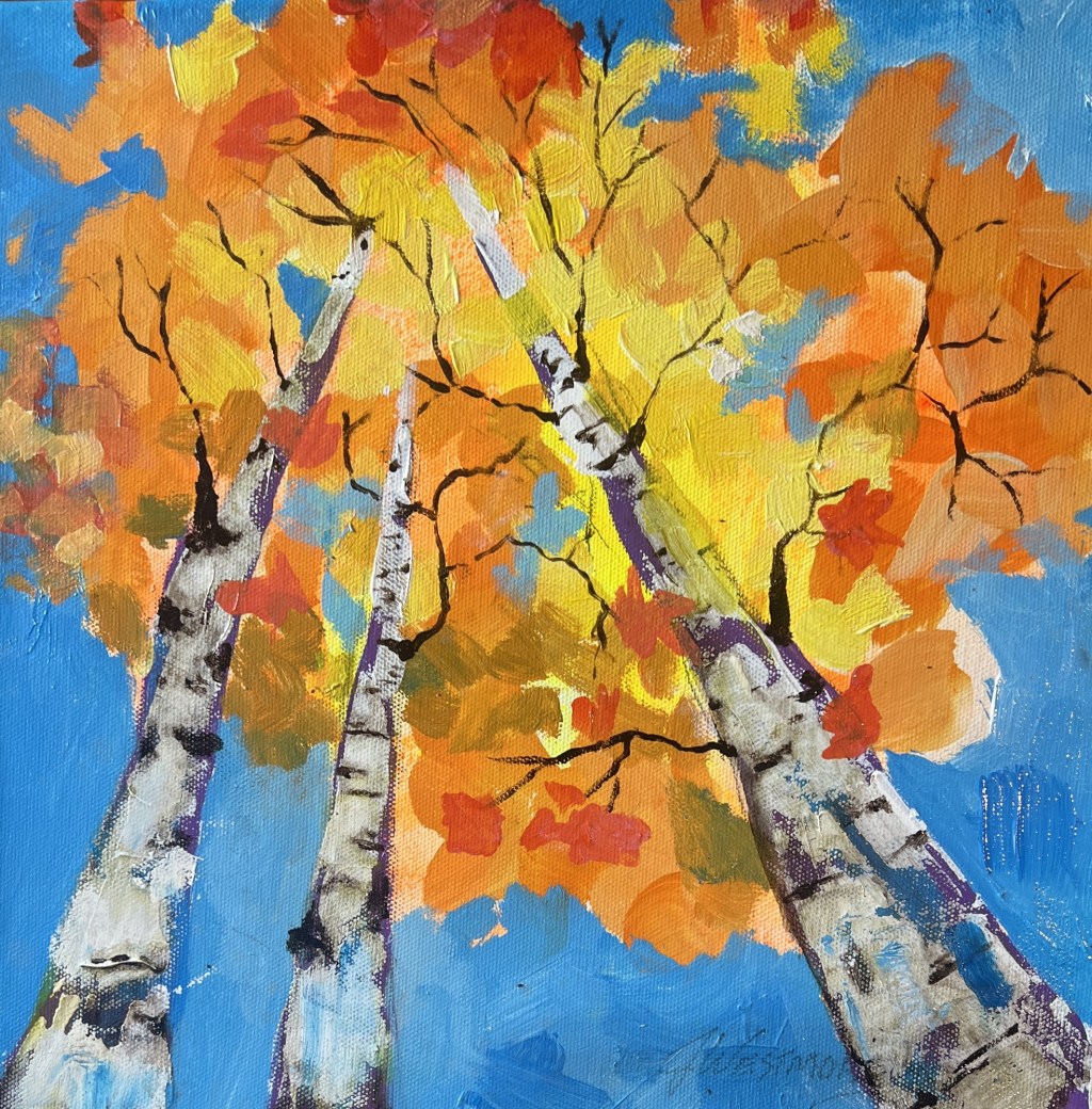 Aspens against a blue sky painting by Jeannette Westmoreland