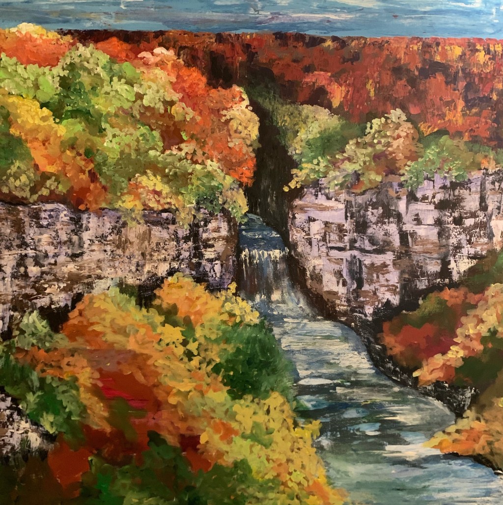 Autumn canyon waterfall painting by Jeannette Westmoreland