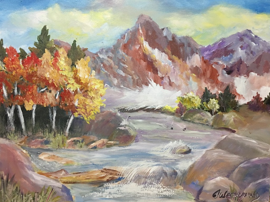 Autumn mountain stream painting by Jeannette Westmoreland