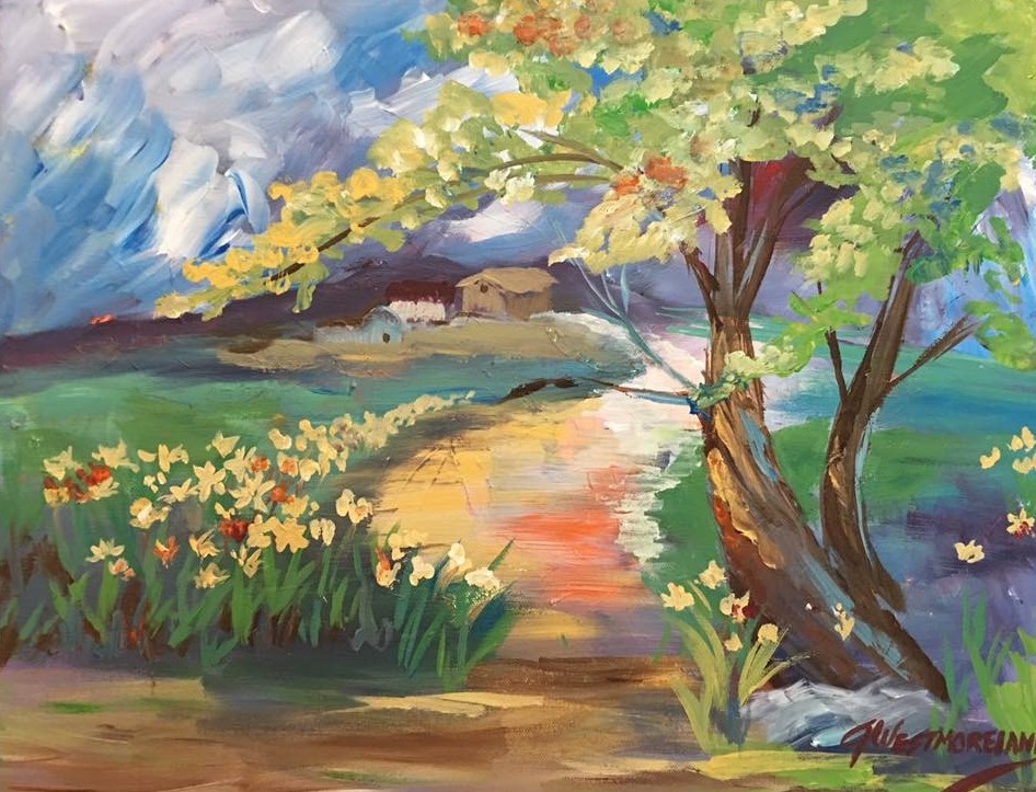 Daffodil path with tree painting by Jeannette Westmoreland