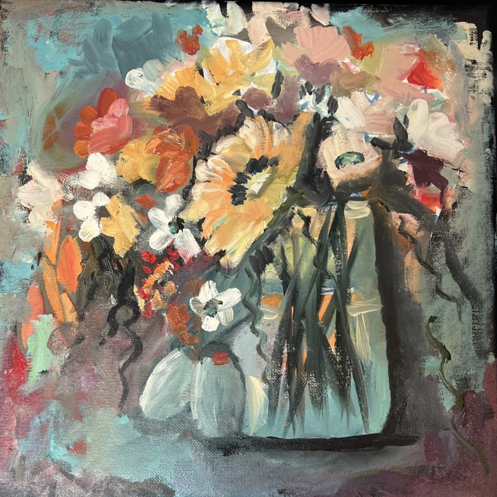 Two Olives, flowers in a jar painting by Jeannette Westmoreland