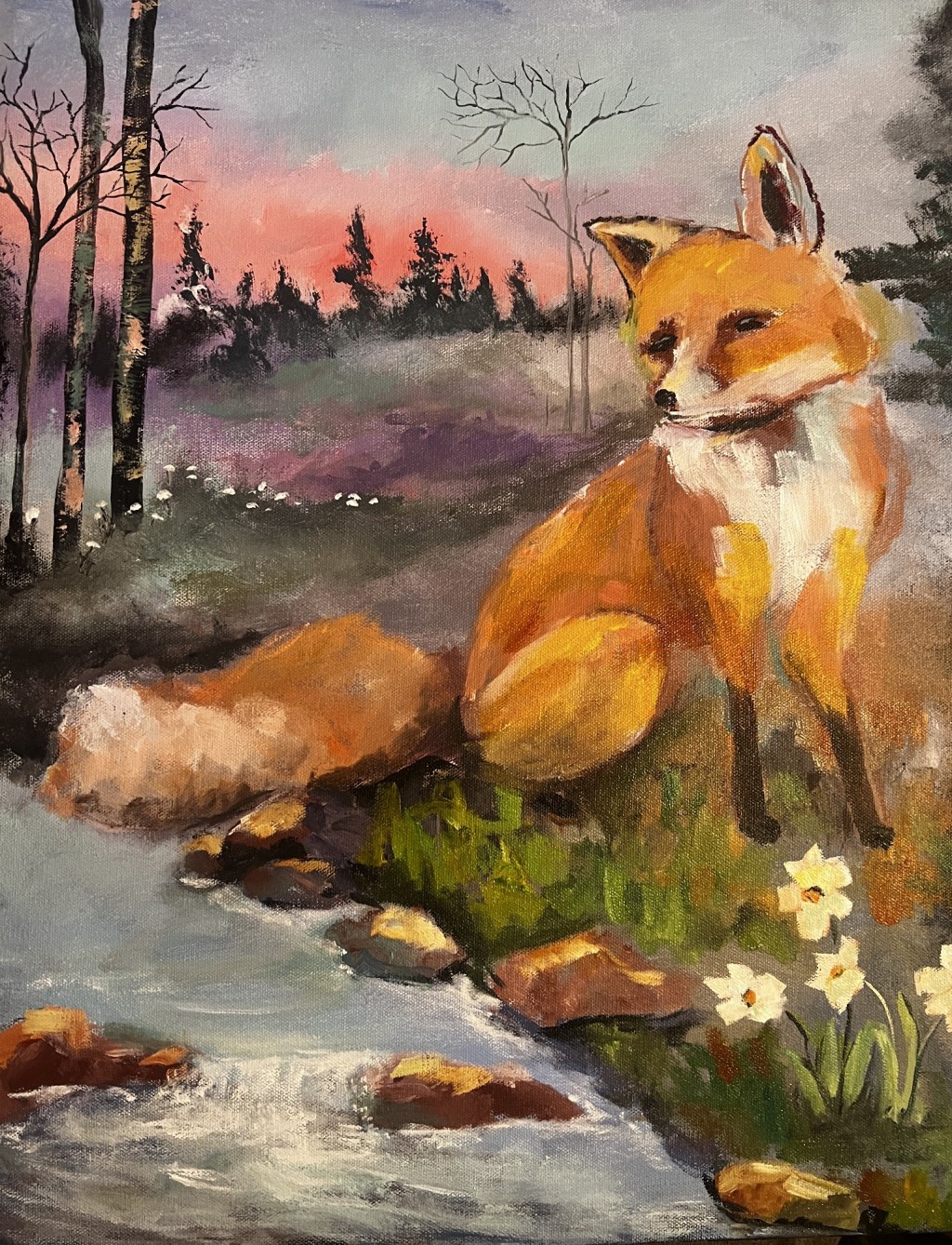 Fox by a stream painting by Jeannette Westmoreland