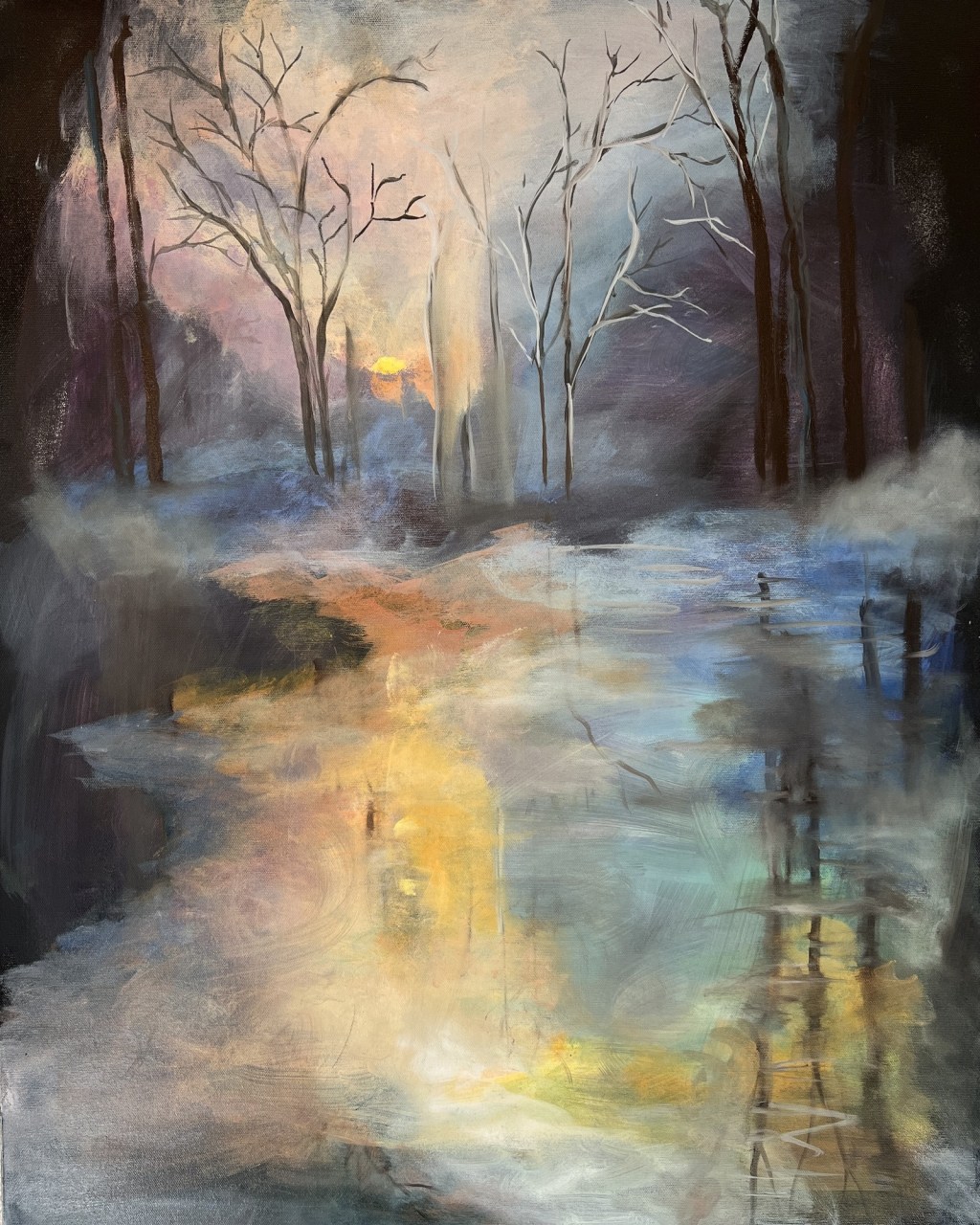 Misty sunset woods painting by Jeannette Westmoreland