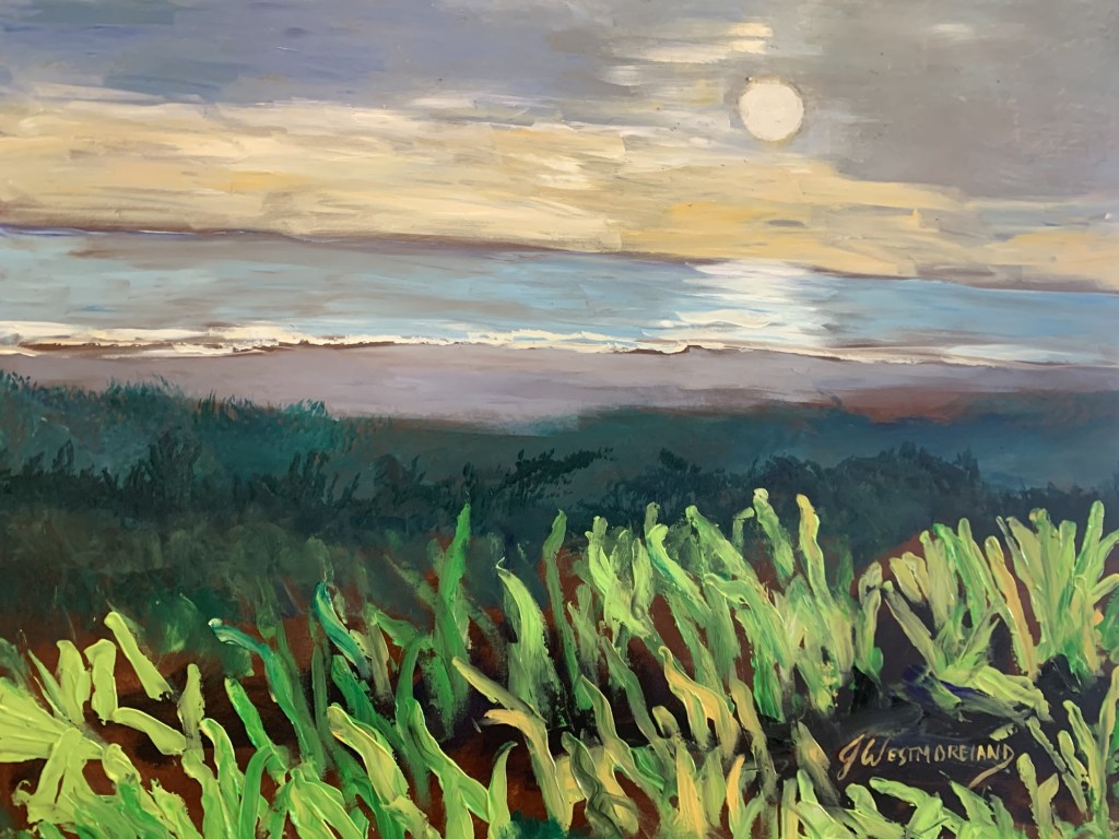 Moonlight on the Ocean, moonlit beach with grasses painting by Jeannette Westmoreland