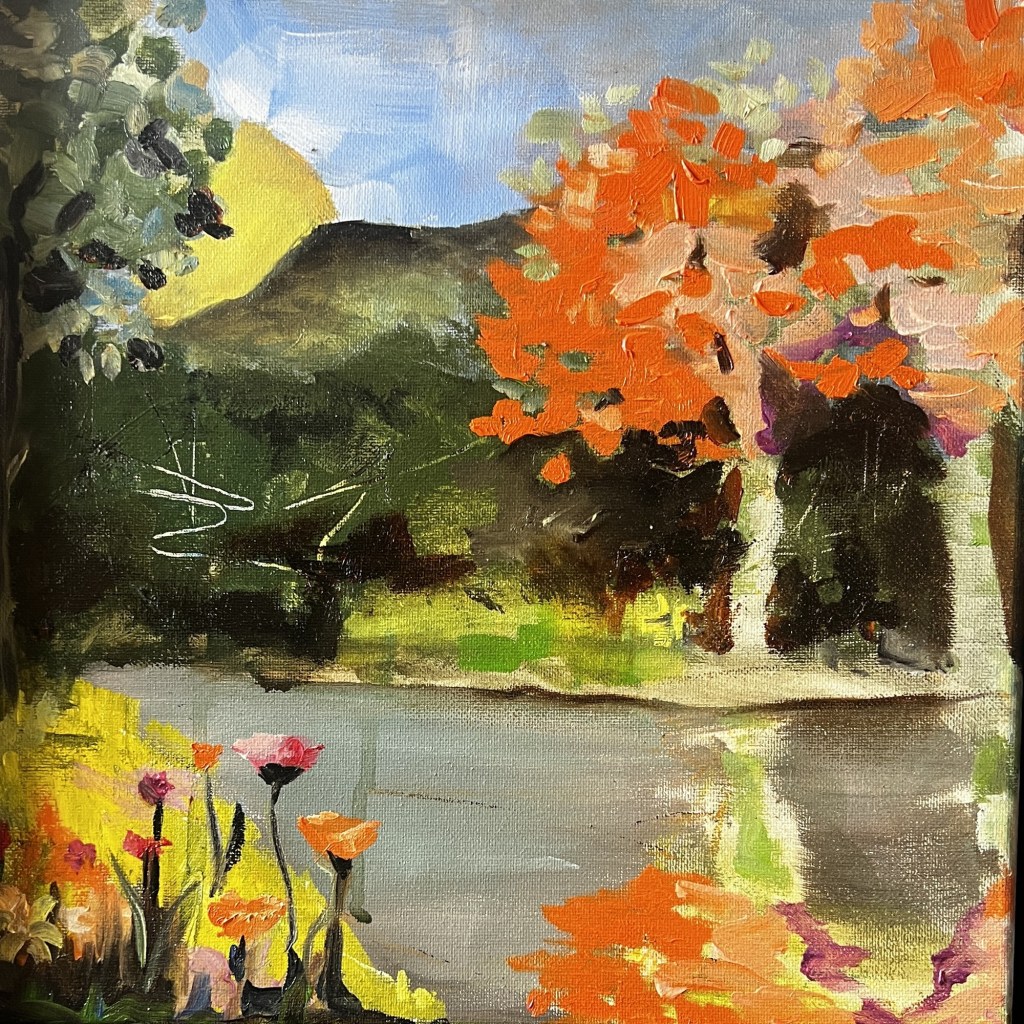 Orange tree by a pond painting by Jeannette Westmoreland