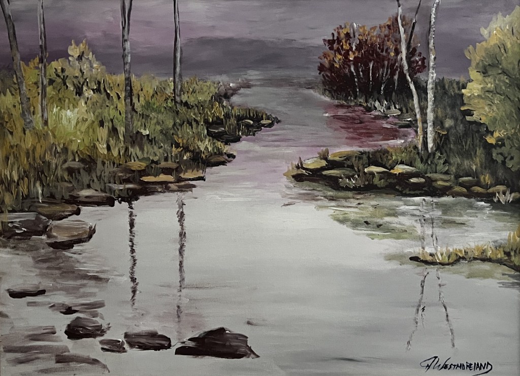 Aspen river under a purple sky painting by Jeannette Westmoreland