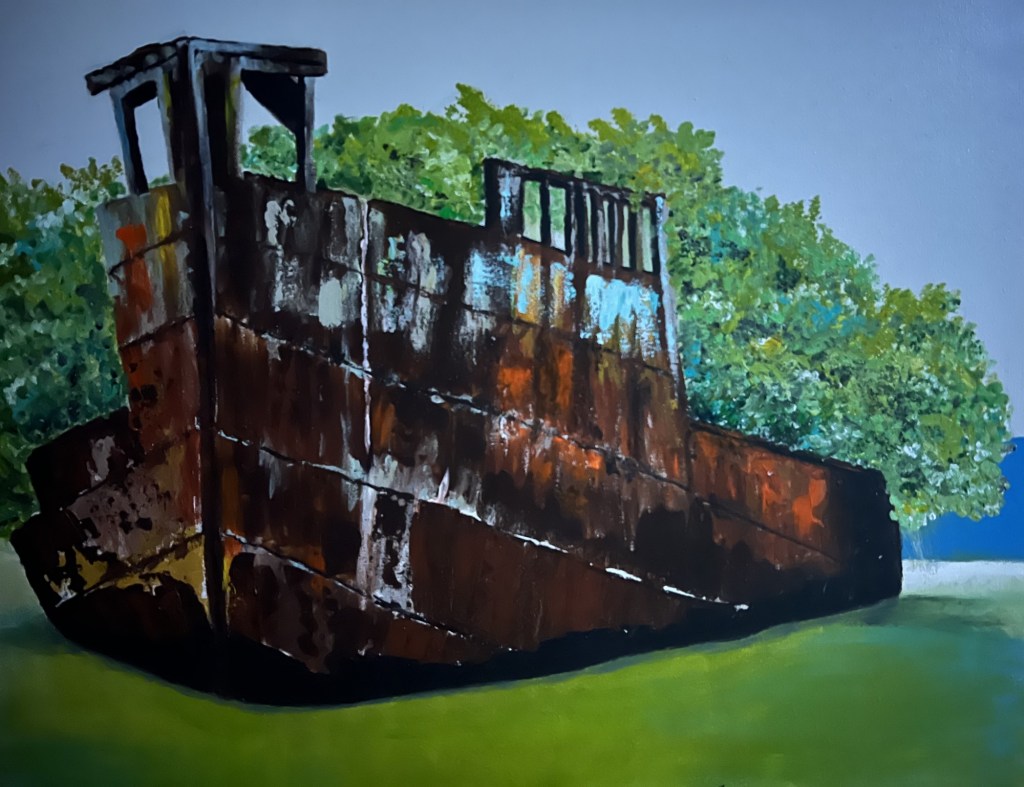 Rusty boat in trees painting by Jeannette Westmoreland