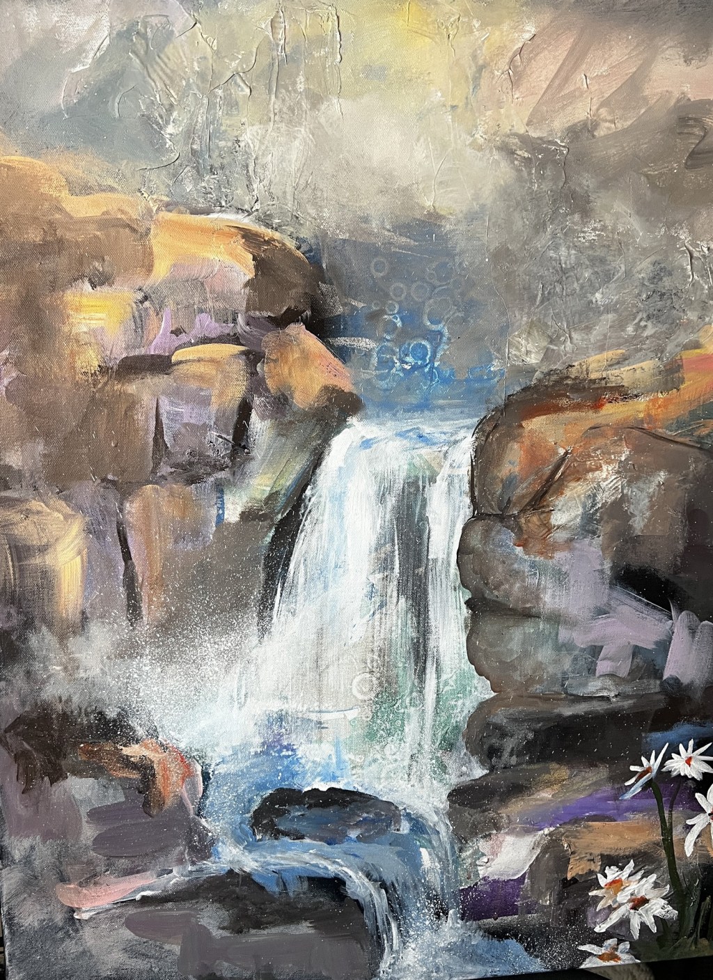 Waterfall with daisies painting by Jeannette Westmoreland