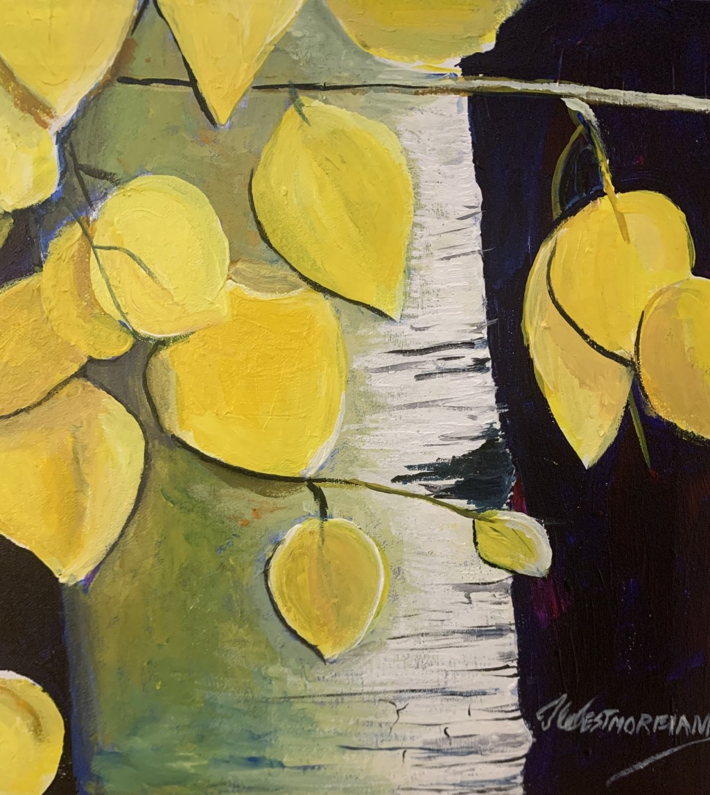 Yellow aspen leaves painting by Jeannette Westmoreland